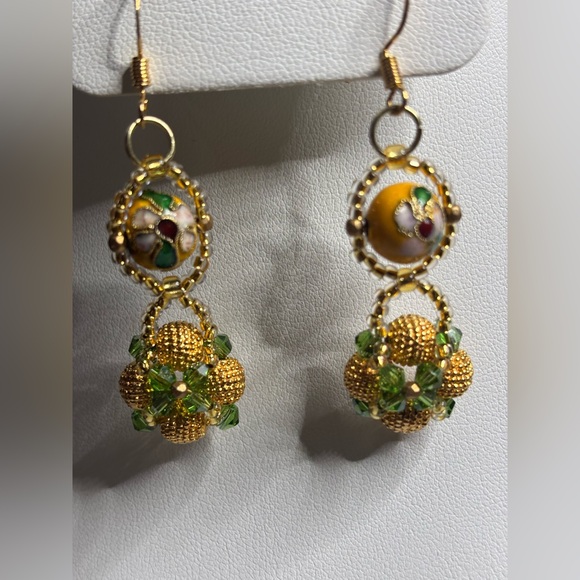 Hand Crafted cloisonné earrings gold tone beads green and gold glass beads 2 in - Picture 1 of 6